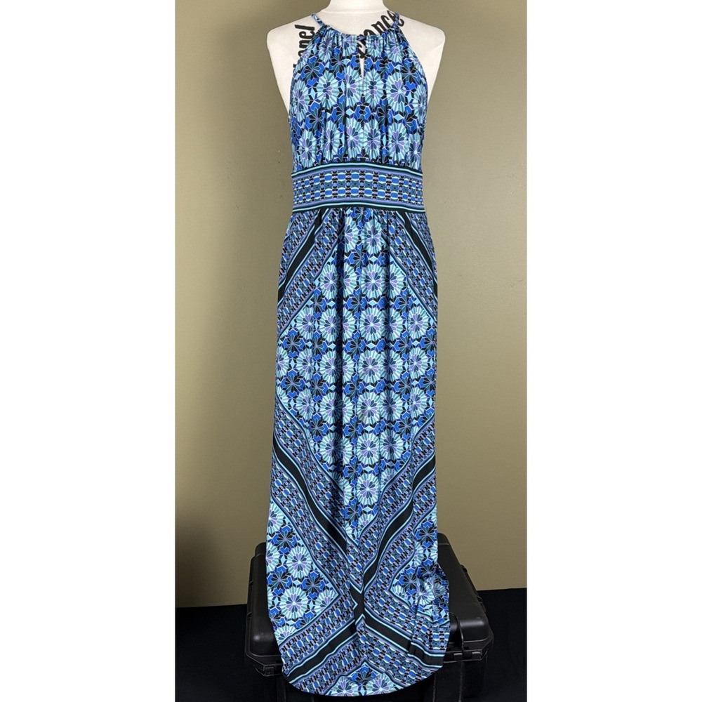 B Calm Womens Large Blue Printed AOP Halter Maxi Dress Keyhole Back Summer Beach